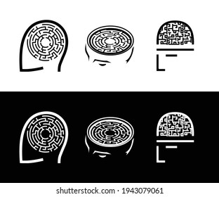 Vector set of thinking heads with labyrinth brains logo