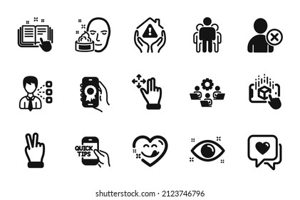 Vector set of Third party, Teamwork and Augmented reality icons simple set. House protection, Heart and Move gesture icons. Health eye, Face cream and Victory hand signs. Vector