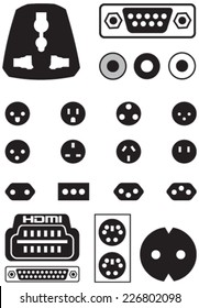 Vector set of thirteen international sockets and video ports European EU to UK converter plug travel adapter isolated over white background.