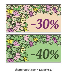 vector set of thirty and forty percent shopping sale discount floral cards