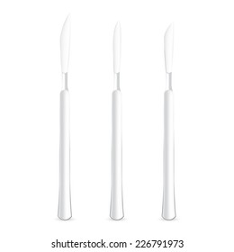 vector set of three abdominal scalpels on white