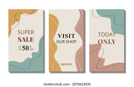 Vector set of three abstract backgrounds. Flat style illustration. Every element is isolated. Ready template for social media, stories to smartphone. Design of business card, flyer, brochure, poster.