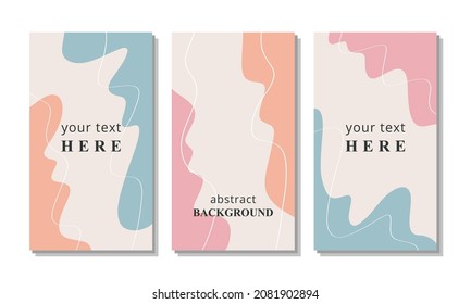 Vector set of three abstract backgrounds. Flat style illustration. Every element is isolated. Ready template for social media, stories to smartphone. Design of business card, flyer, brochure, poster.