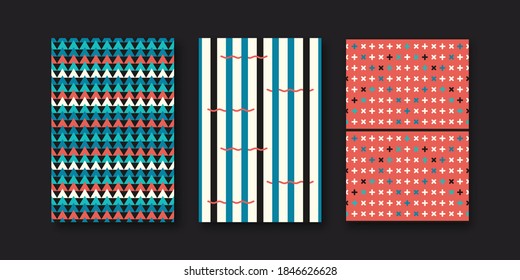 Vector set of three abstract brochures with geometric memphis shapes.