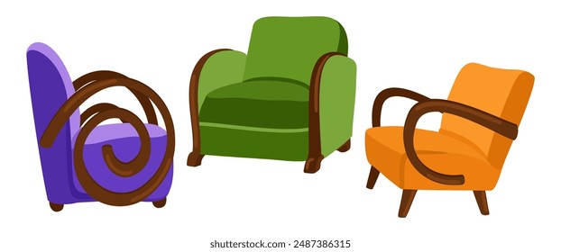 Vector set of three armchairs in art deco style isolated on white background.