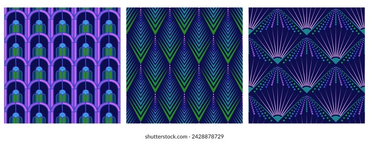 Vector set of three art deco seamless patterns.