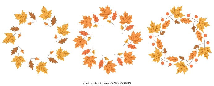 Vector set of three autumn wreath frames made of yellow, orange and red leaves. Perfect for seasonal design, invitations, greeting cards, posters, stickers, Thanksgiving