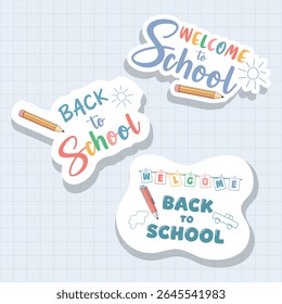 Vector set of three Back to School stickers on white background – colorful labels with school supplies for Knowledge Day, September 1, kids education, classroom decoration and seasonal design