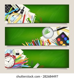Vector set of three back to school horizontal banners. Templates with supplies tools on chalkboard. Place for your text. Layered realistic vector illustration.