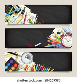 Vector set of three back to school horizontal banners. Templates with supplies tools. Place for your text. Place for your text. Layered realistic vector illustration.