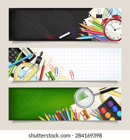 Vector set of three back to school horizontal banners. Templates with supplies tools. Place for your text. Place for your text. Layered realistic vector illustration.