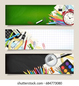 Vector set of three back to school horizontal banners. Templates with supplies tools. Place for your text. Place for your text. Layered realistic vector illustration.