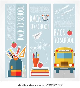 Vector set of three back to school vertical banners with colorful school elements.Templates with supplies tools and school bus. Flat style banners can be used for web, bookmark etc. light blue.