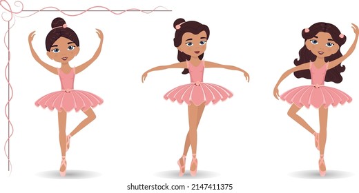 Vector set of three ballerinas in different poses and with different hairstyles