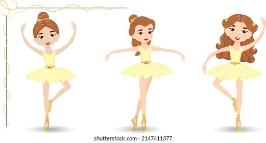 Vector set of three ballerinas in different poses and with different hairstyles