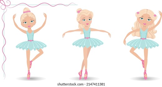 Vector set of three ballerinas in different poses and with different hairstyles
