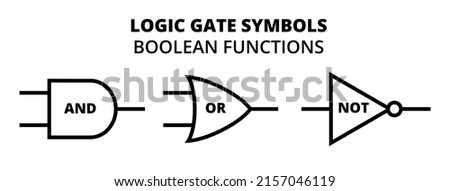 Vector set of three basic logic gate symbols. Boolean algebra and functions, boolean logic and operators. AND, OR, NOT. Line or outline black and white electronic circuit symbols isolated on white.