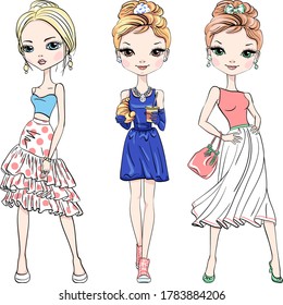 Vector set of three beautiful fashion girls top model in summer dresses