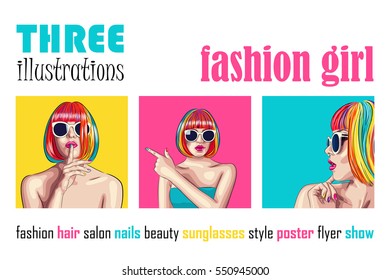 vector set of three beautiful women wearing colorful wig and white sunglasses. EPS