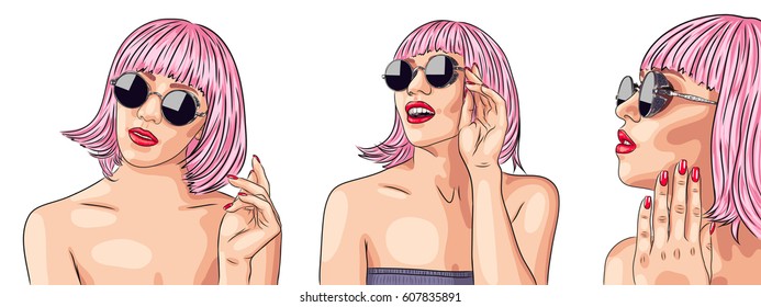 vector set of three beautiful women wearing pink wig. EPS