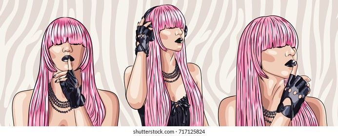 vector set of three beautiful women wearing pink wig. EPS