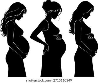 Conjunto de Vector de tres siluetas negras de mujeres embarazadas de pie de perfil, tocando sus vientres. Aislado en el fondo blanco para el diseño de la maternidad