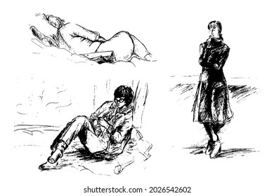Vector set of three black and white sketches. A girl in clothes is standing, lying with her back to the viewer, knitting.