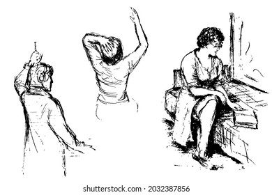 Vector set of three black and white sketches. Girls in clothes: sitting on the couch and reading, standing half turnover, back to the viewer with raised hands.