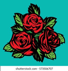 vector set of three blooming roses with leaves for design