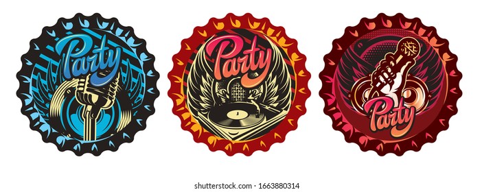 Vector set of three bottle caps with illustrations.