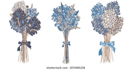vector set of three bouquets of dried flowers in boho style
