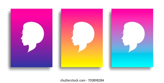 Vector Set with Three Bright Background and Woman Profile. Creative Illustration for Cover, Card, Poster and Design.
