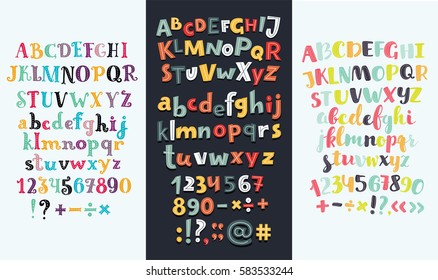 Vector set of three cartoon funny difference english Alphabets. Cute colorful vector English alphabet, vintage font, funny hand drawn typeface, numbers and sighs, ABC, Lowercase and uppercase letters