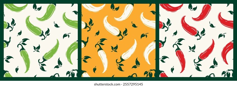 Vector Set of Three Chili Pepper Seamless Patterns. Hot Chilli Peppers. Spicy Food. Hand drawn illustration.