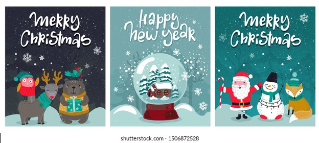 Vector set of three Christmas greeting cards with cute animals and holiday simbols. Deer, Santa, fox, owl, snowman, bear in the winter forest, snowglobe with little house.
