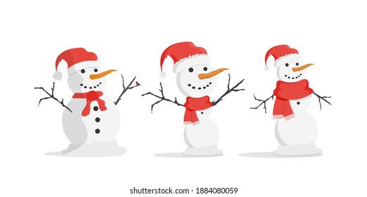 Vector set of three Christmas snowmen isolated on a white background.