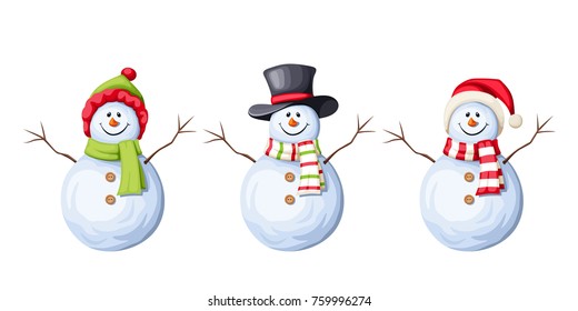 Vector set three Christmas snowmen isolated white background 