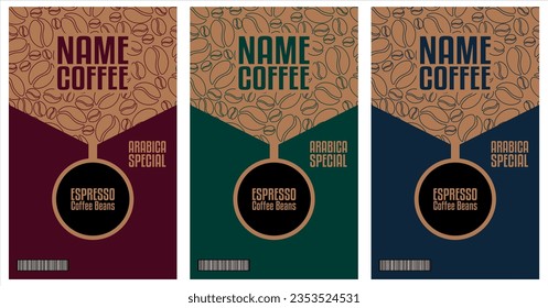 Vector set of three coffee bean labels sticker vintage elegant minimalist. Coffee labels with coffee cup and bar code on different color background