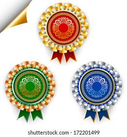 Vector set of three color award ribbon badges with silver and gold.