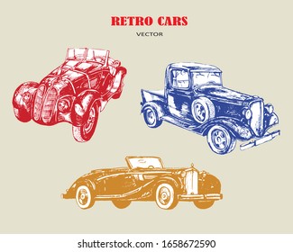 Vector set of three colored retro cars.
