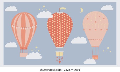 conjunto de vectores con tres globos coloridos en el cielo con estrellas y nubes
