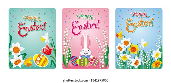 Vector set of three colorful Easter cards with flowers, eggs and rabbit