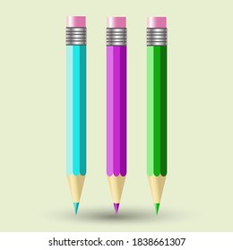 Vector set of three colorful pencils - greenish-blue, violet, and green colors, with a rubber band on top. Isolated on a light green background.