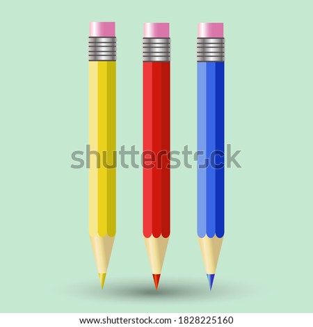Vector set of three colorful pencils - red, blue, and yellow colors, with a rubber band on top. Isolated on a light green background.