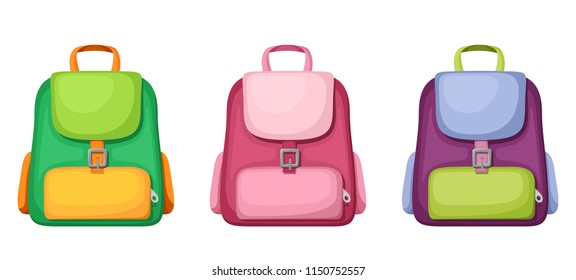 Vector set of three colorful schoolbags isolated on a white background.