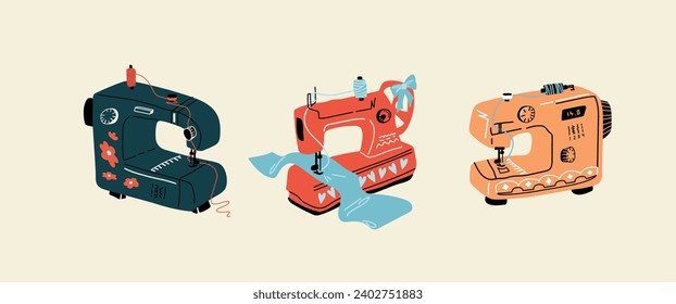 Vector set of three colorful sewing machines. Cartoon elements for the design of advertising brochures, book illustrations, greeting cards.