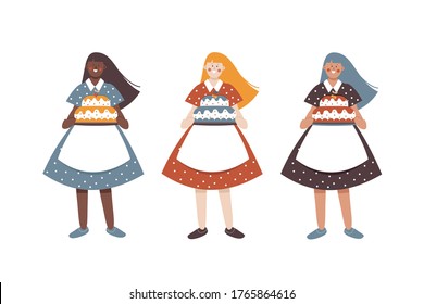 Vector set of three confectioner girls in beautiful dresses with cake