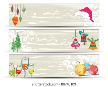 Vector set of three creative   banners or headers for Christmas and autumn having Christmas trees, bells and wineglass for autumn season