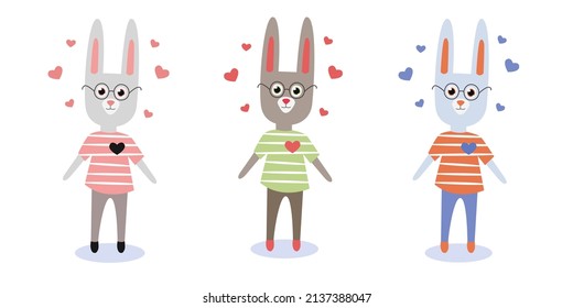 Vector set of three Cute Cartoon Rabbits with Glasses and Hearts in different colors isolated on a white background.