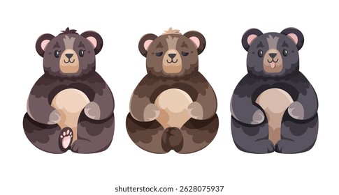 Vector set of three cute funny brown bears, clipart illustrations on a white background, simple cartoon kids' style, forest animals